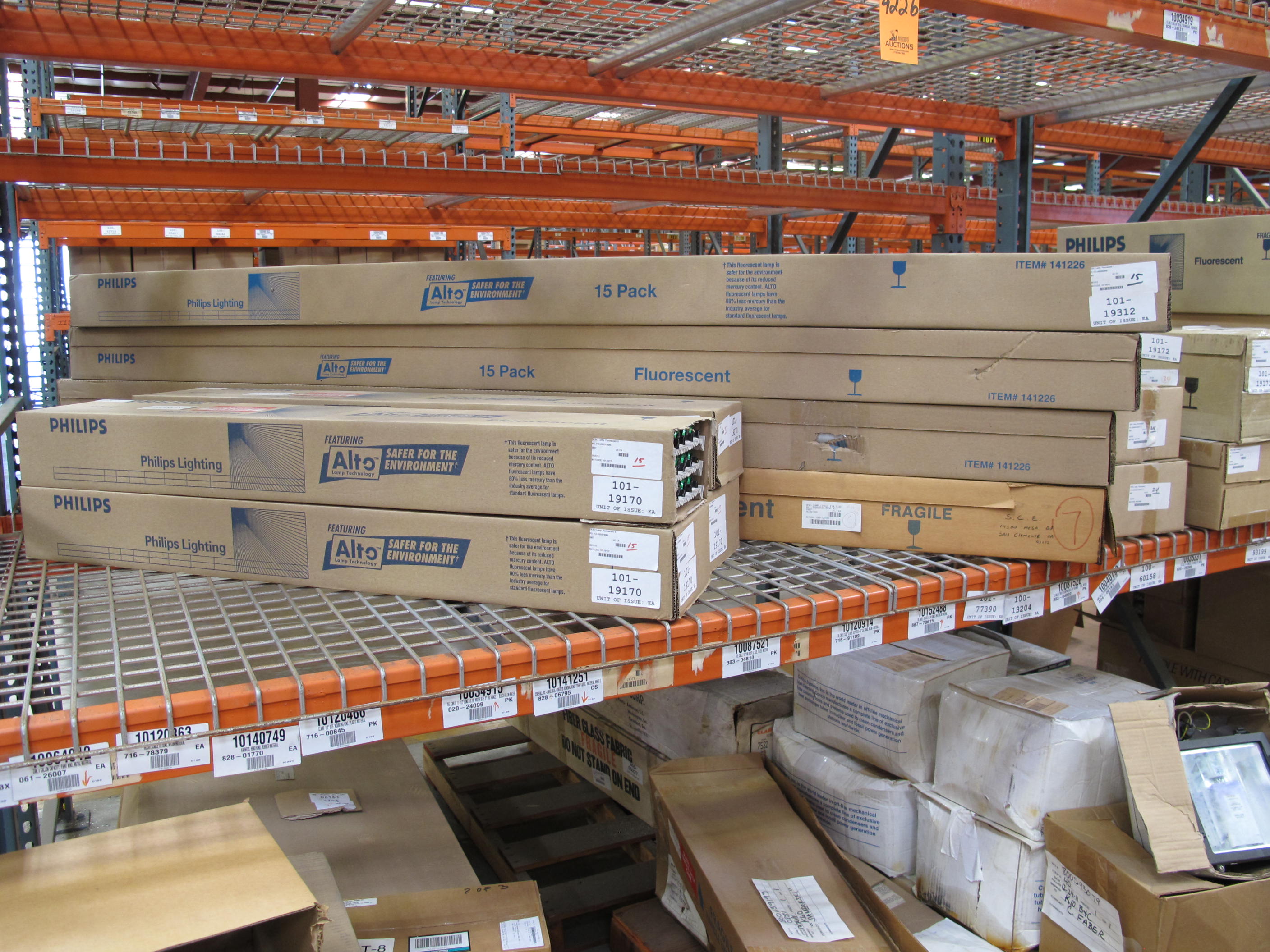 LOT TO INCLUDE: MISC. PHILIPS FLUORESCENT LIGHTING FIXTURES, BULBS, 1 GALLON PAINT LIDS, PANDUIT ZIP-TIES, SS BRUSHES, NWT CORROSION SAMPLER. LOADING & HANDLING FEE $15-4226